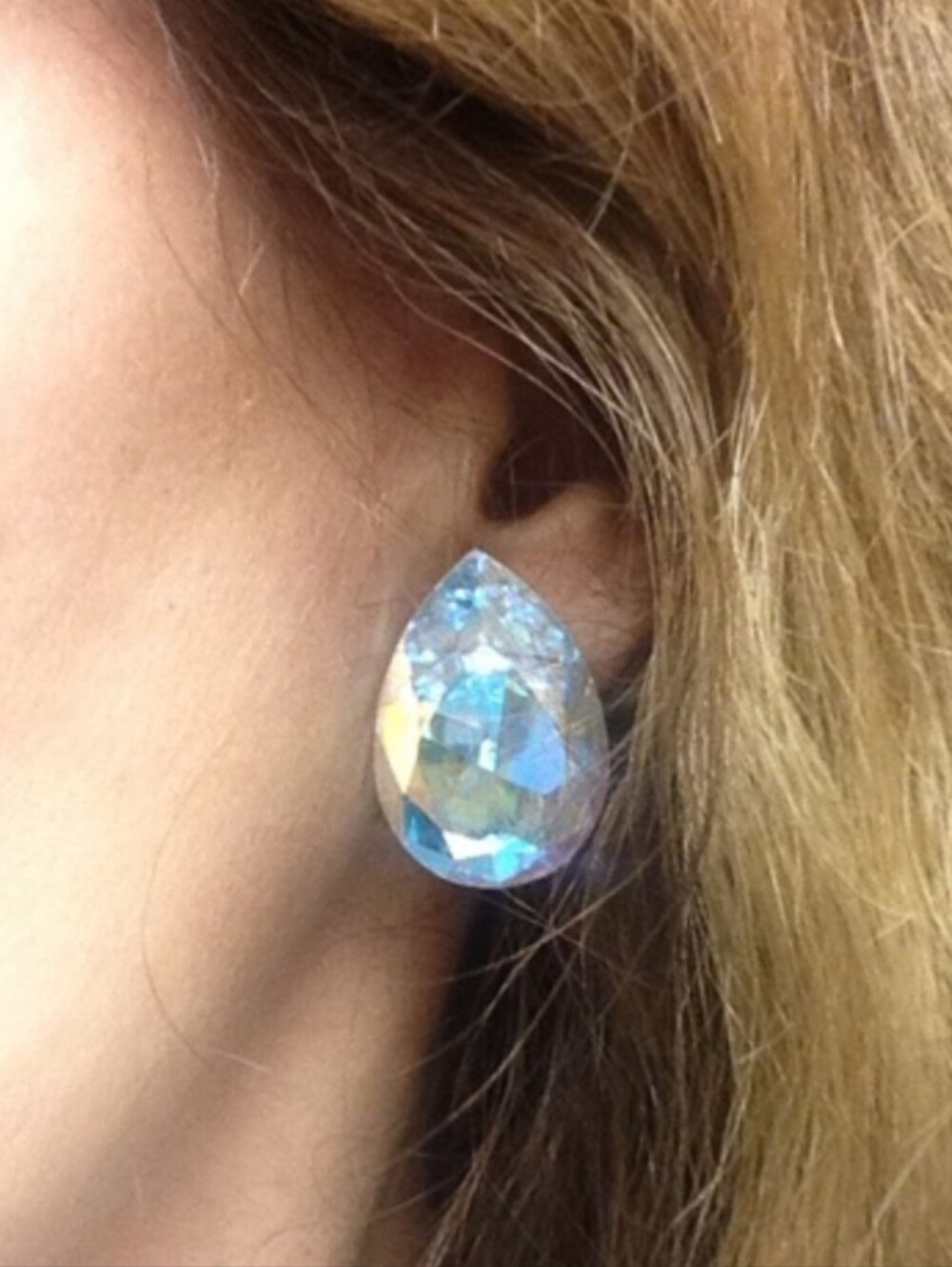 Huge Faceted Crystal Teardrop Pierced Earrings